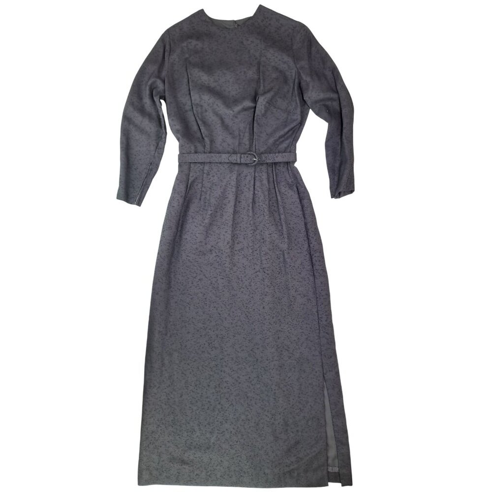 Vintage Black Dress Textured Long Sleeve Belt Handmade Goth Size Large Mourning - Picture 12 of 15